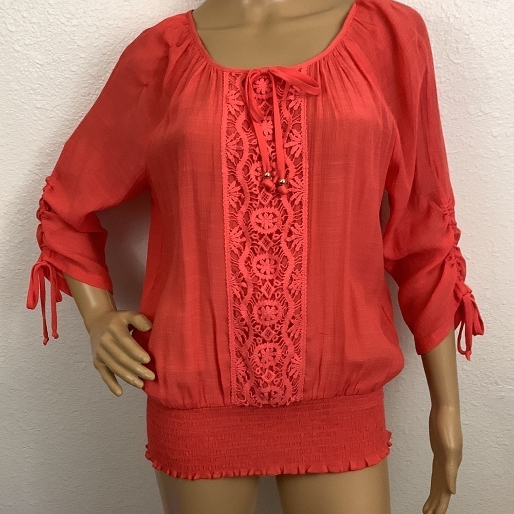 I.Z Byer Salmon Boho Crochet Front Blouse Top Size L